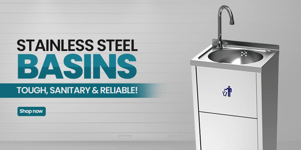 Banner displaying stainless steel basins with faucet, offering tough, sanitary, and reliable sink solutions for commercial kitchen environments.